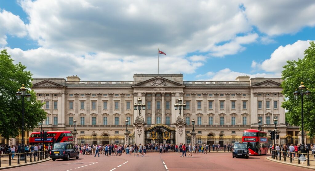 Buckingham Palace with British flag