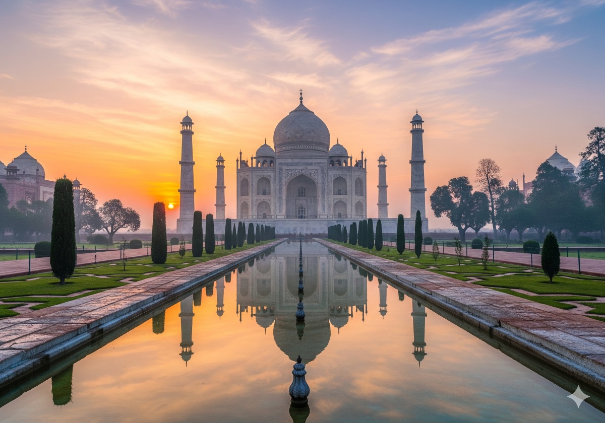 Taj Mahal glowing at sunrise in Agra