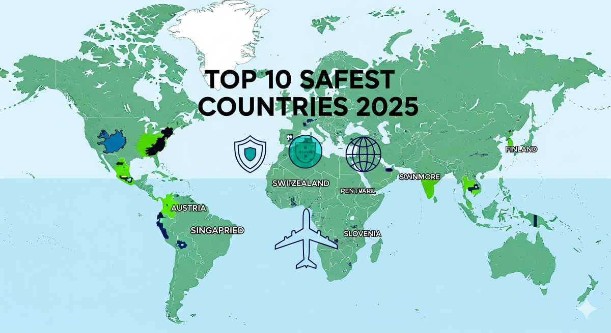 World map highlighting the Top 10 Safest Countries in 2025 according to the Global Peace Index