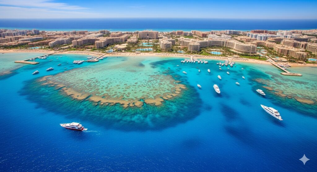 Aerial view of Hurghada beach resorts and Red Sea in Egypt.