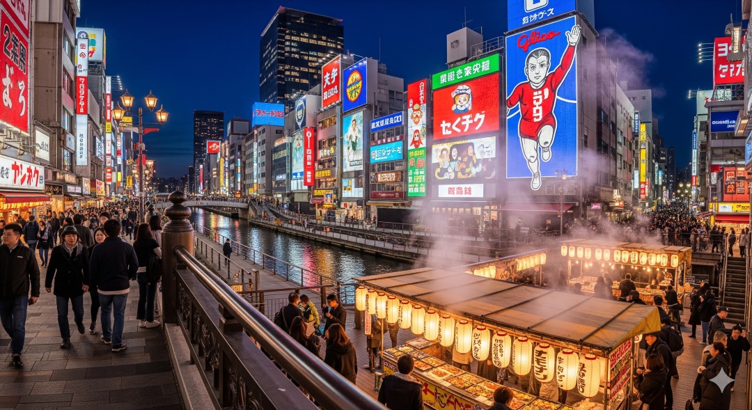 Osaka city at night with neon lights and street food stalls.