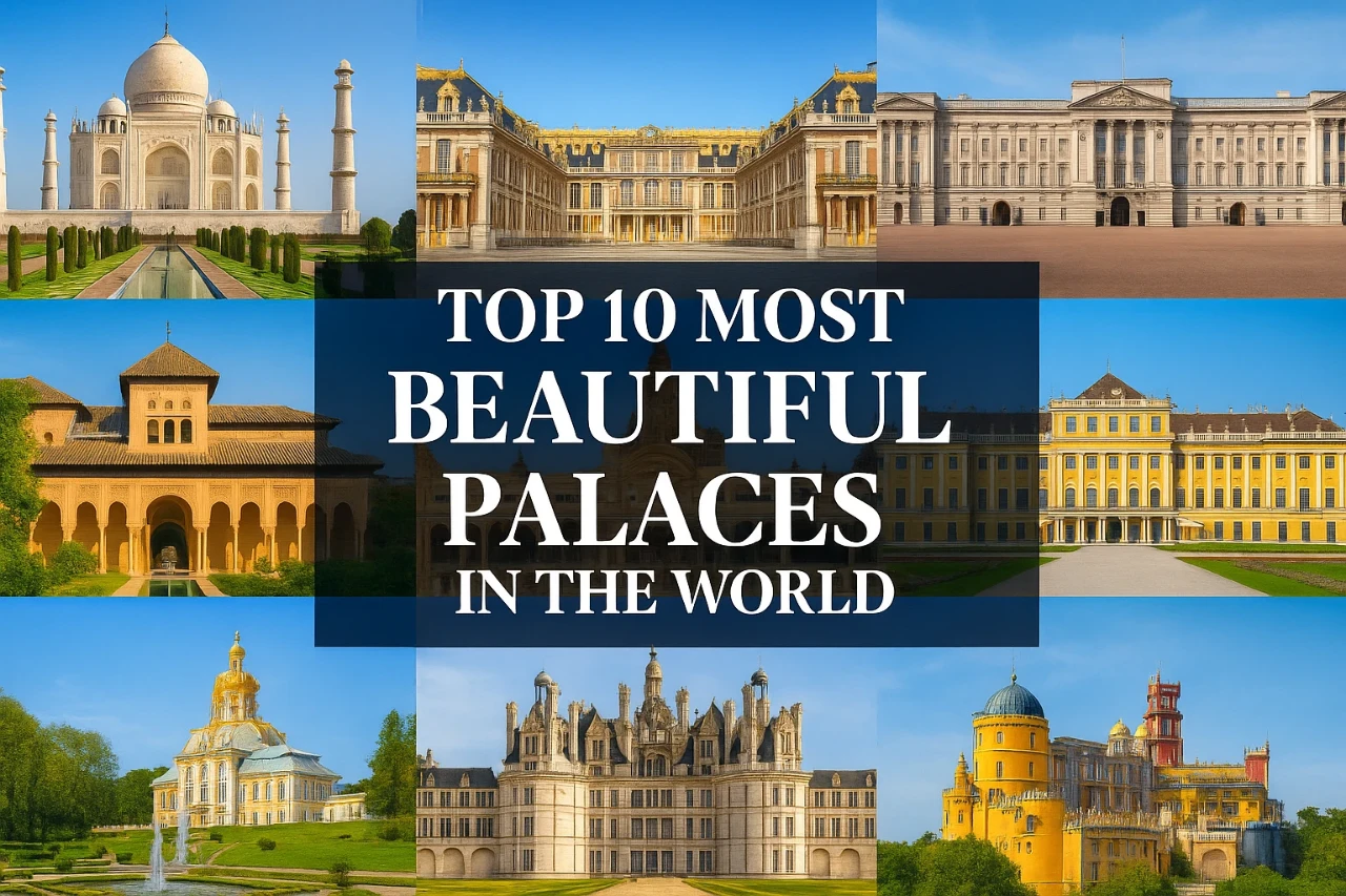 Collage of top 10 most beautiful palaces in the world with title text overlay.