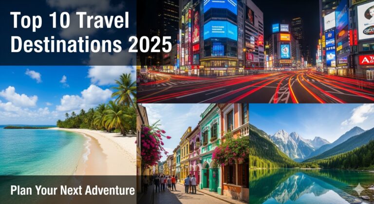 Collage of trending travel destinations for 2025 with title overlay.