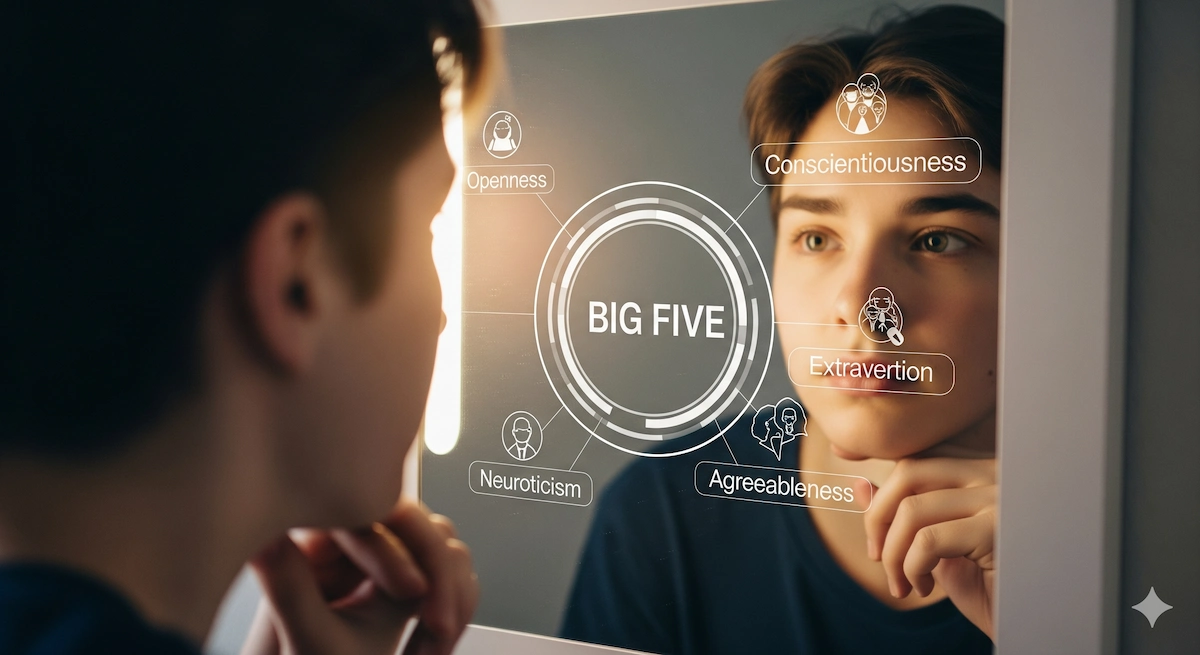 Person reflecting in mirror with Big Five personality traits showing self-awareness