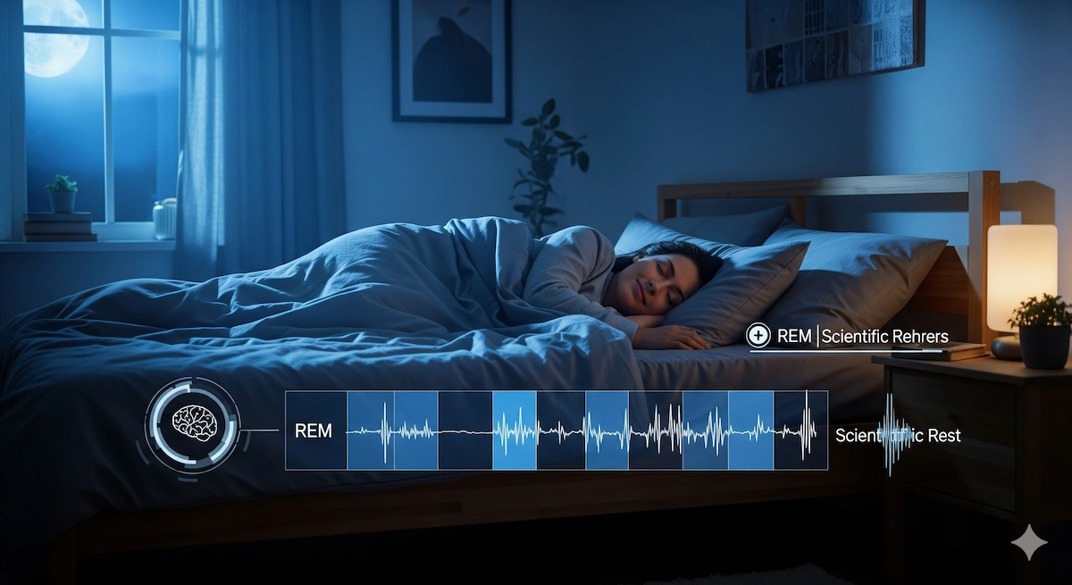 The 10 Scientific Benefits of Waking Up Early for Success & Health 2 Scientific Benefits of Waking Up Early, Person resting peacefully on bed with scientific illustration of an optimized sleep cycle