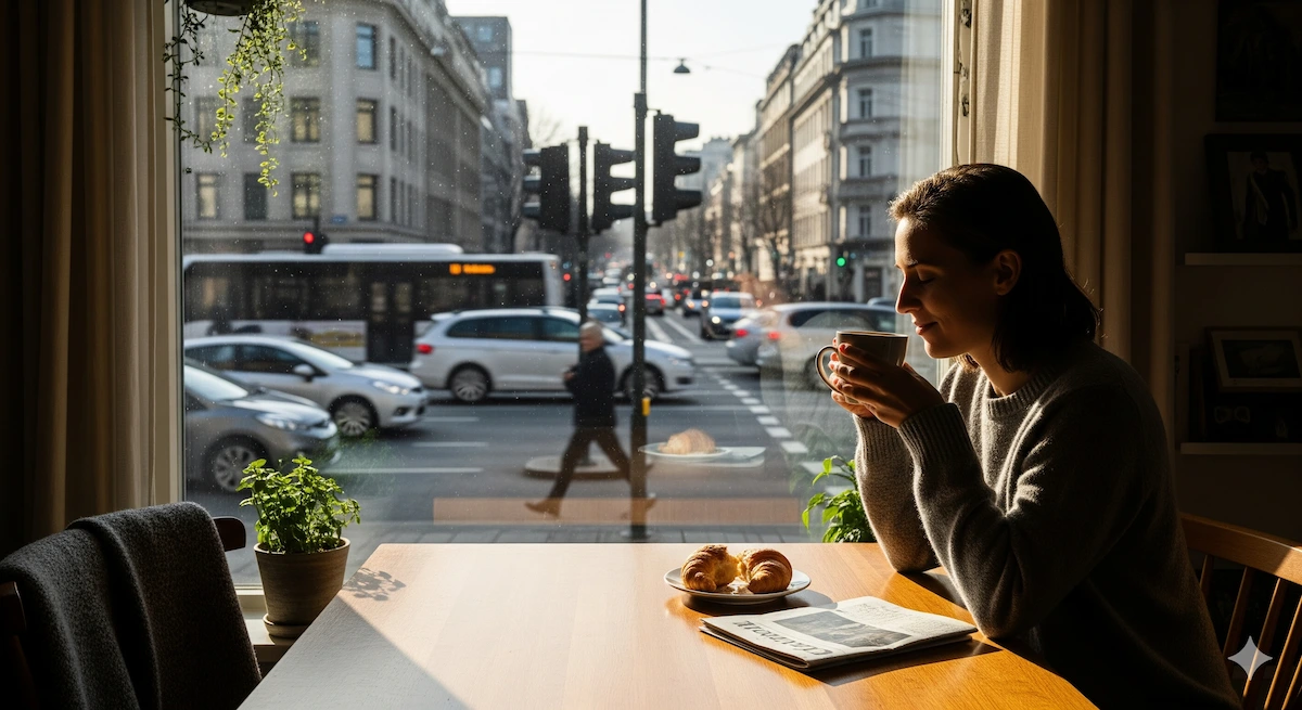 The 10 Scientific Benefits of Waking Up Early for Success & Health 3 Calm morning routine contrasting with city rush showing reduced time pressure