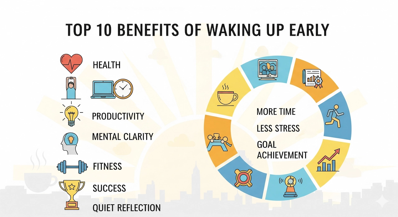 Infographic-style image showing top 10 Scientific benefits of waking up early for health and success