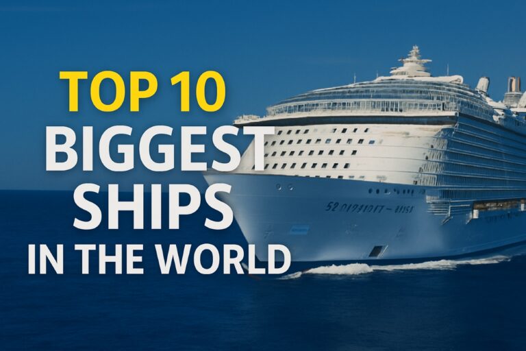 Top 10 Biggest Ships In The World 2025 8 Front view of the Wonder of the Seas cruise ship sailing in deep blue ocean with bold text "Top 10 Biggest Ships in the World" on the left