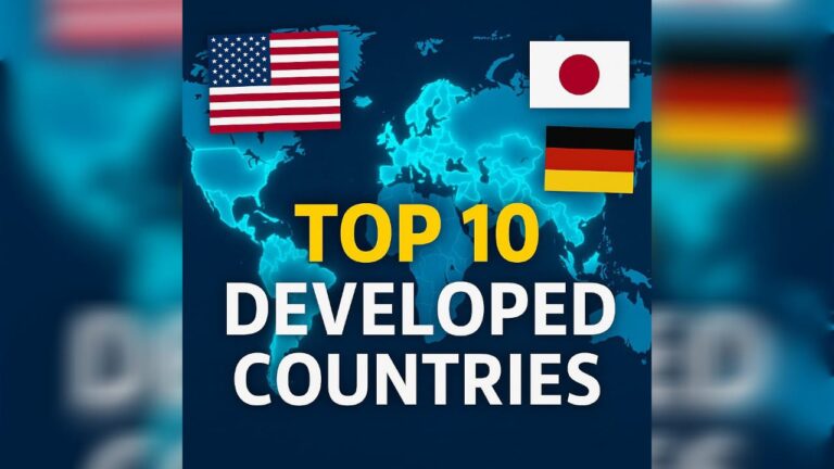 Top 10 Most Developed Countries In The World 7 Top 10 Most Developed Countries, World map background highlighting developed nations with flags of USA, Japan, and Germany